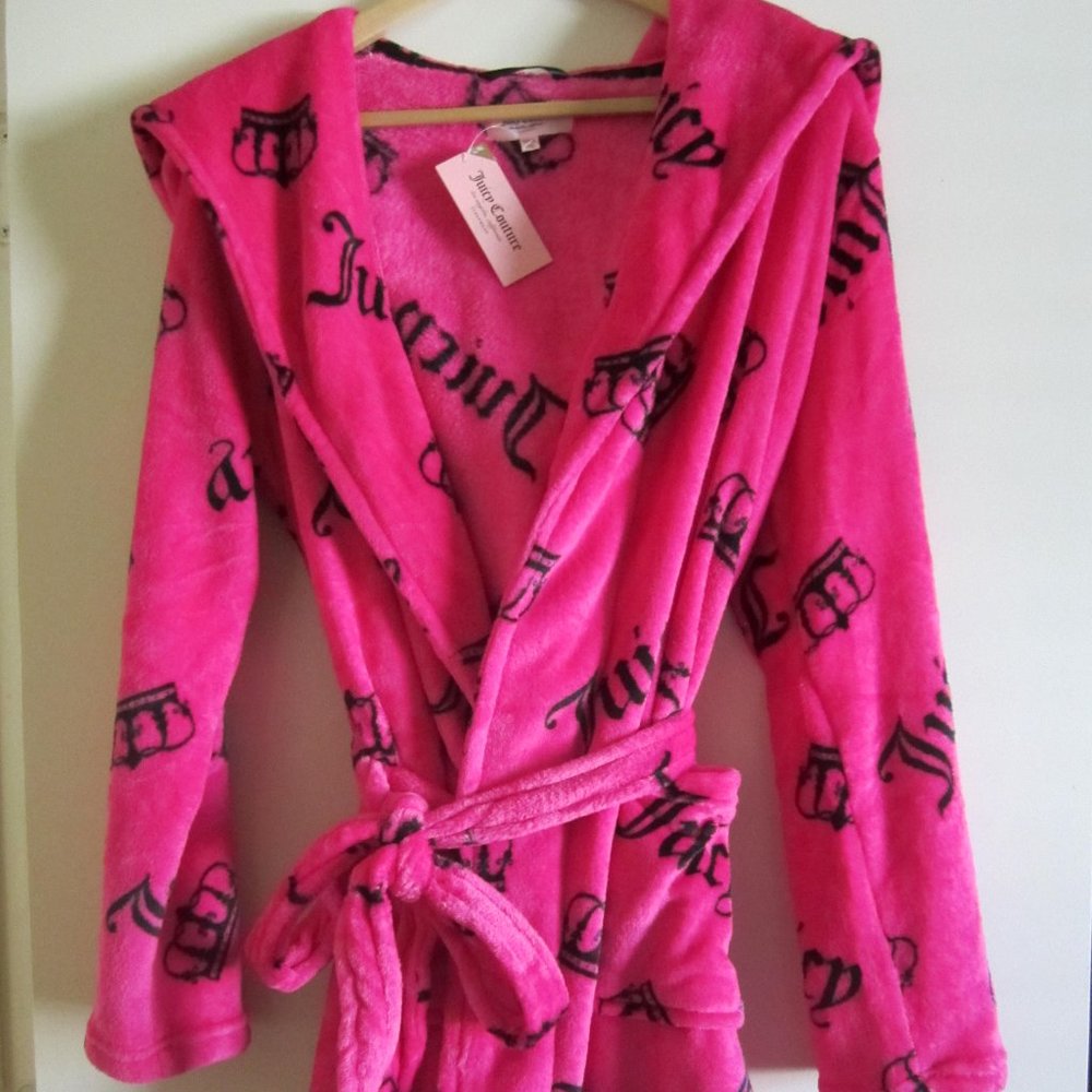 Juicy Couture Bathrobe Robe Women Hot Pink Crown Hooded Sleepwear L/XL